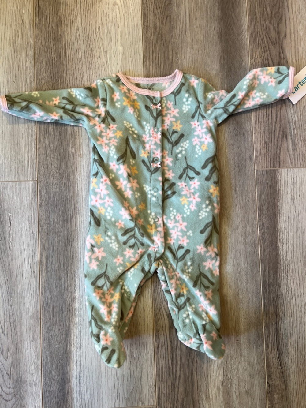 Carter's Mint Green Floral Fleece Footed One-Piece